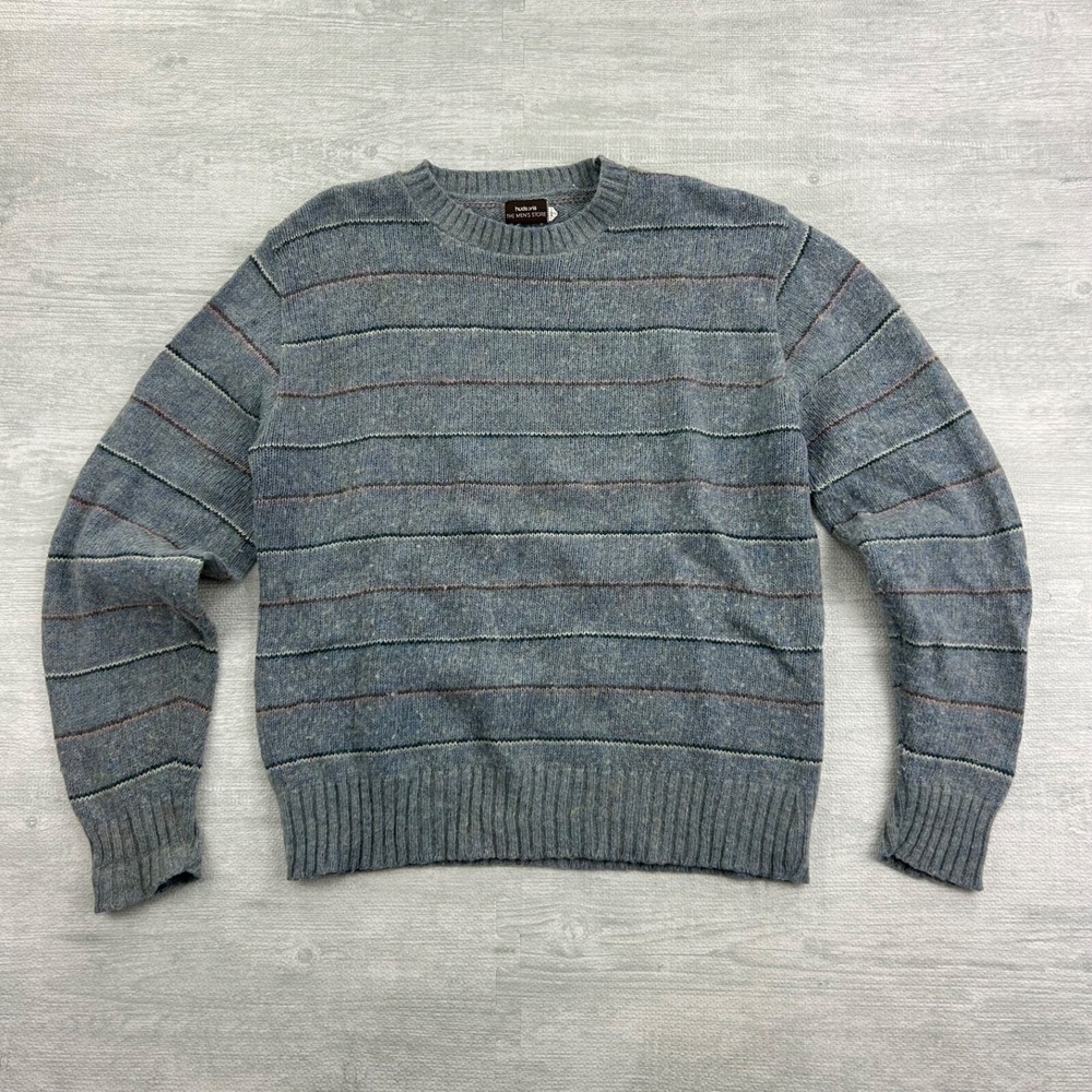 Vintage 60s Hudson's Striped Sweater‎ Size Large Gray Pullover Grandpa Boho